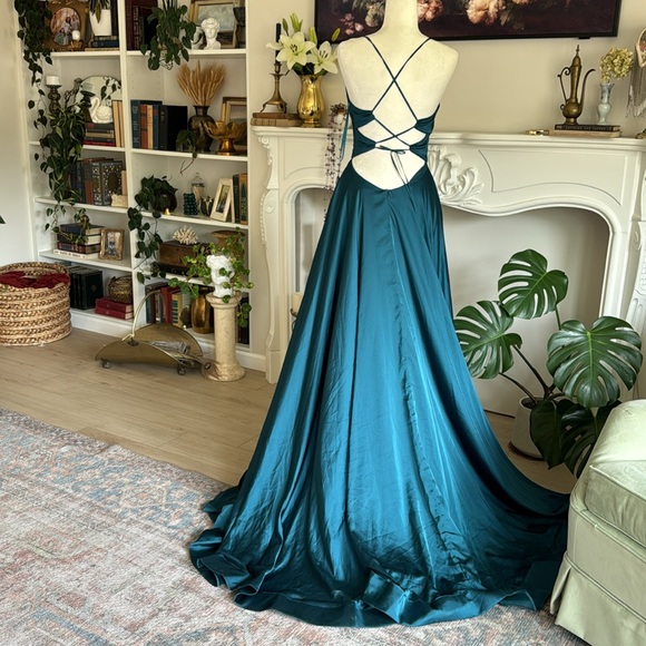 LA FEMME 28571 Teal Satin A-line Dress Open Back - Picture 7 of 10